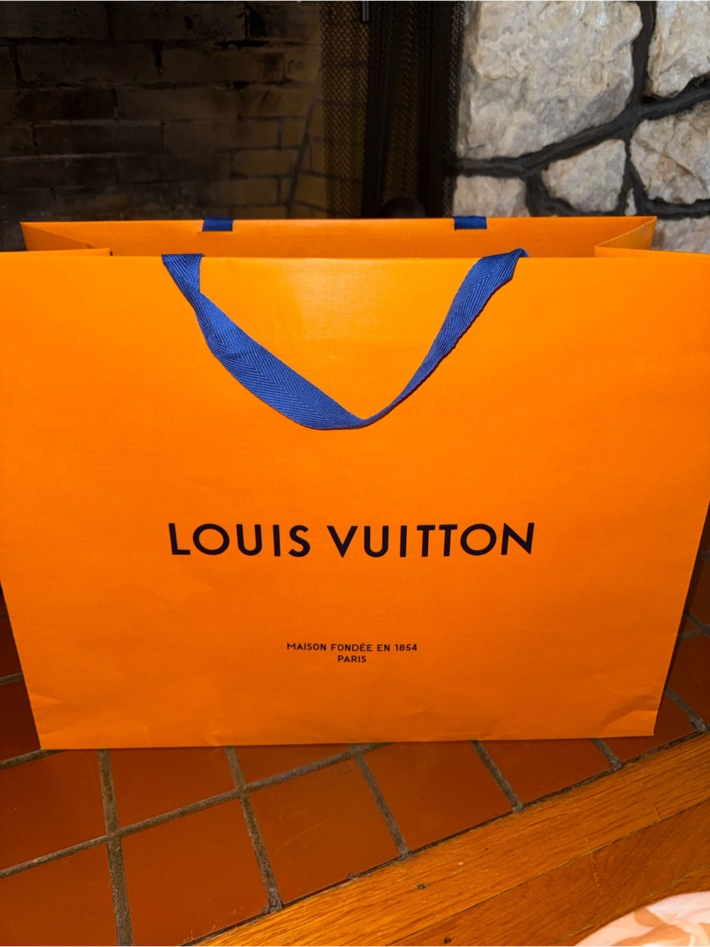 Louis Vuitton Orange Shopping Bag with Blue Ribbon Handles— size extra large